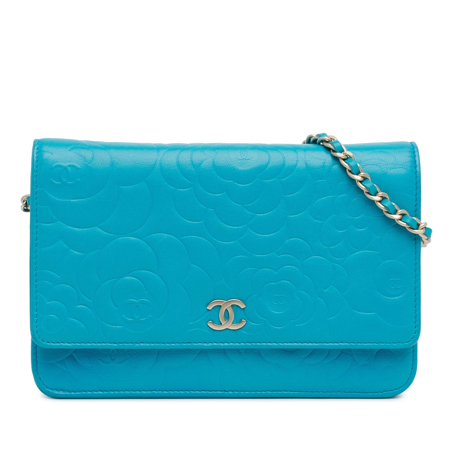 Chanel Lambskin Camellia Embossed Wallet On Chain Blue