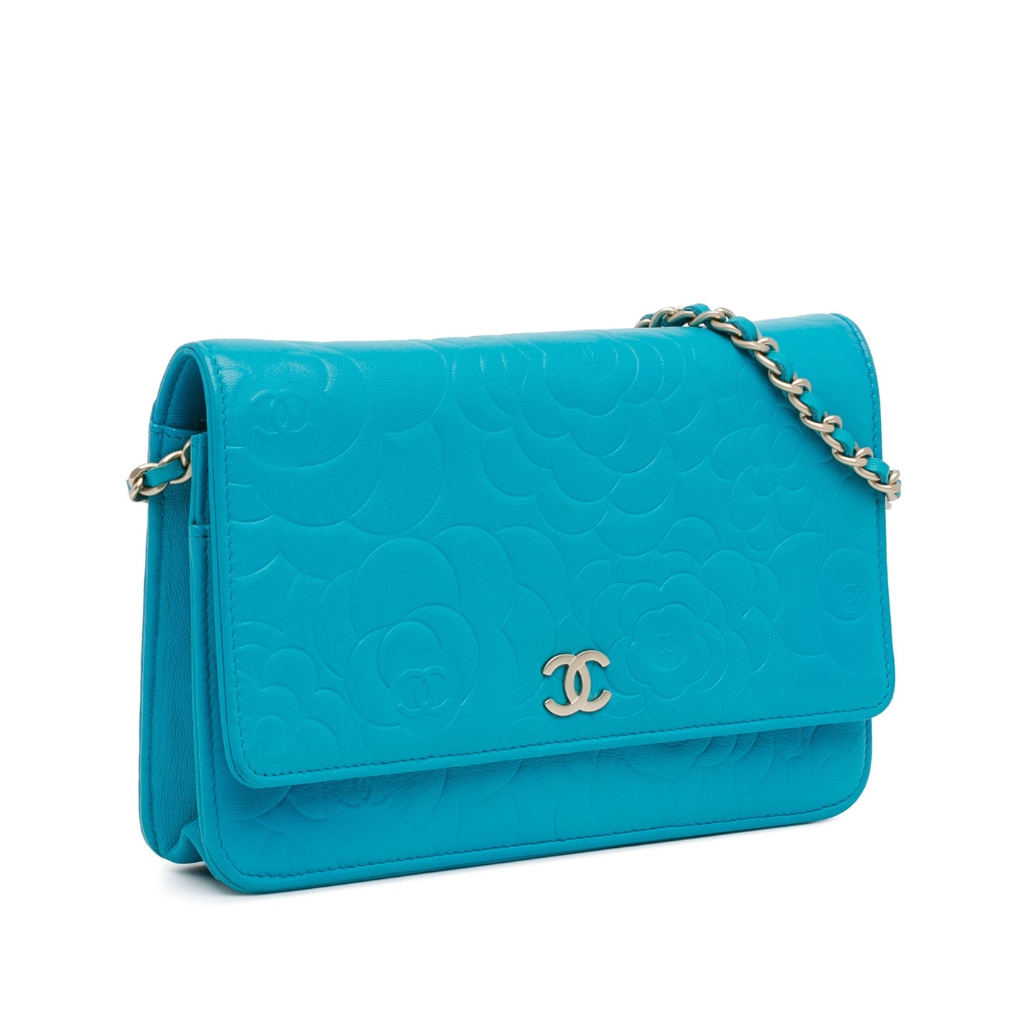 Chanel Lambskin Camellia Embossed Wallet On Chain Blue