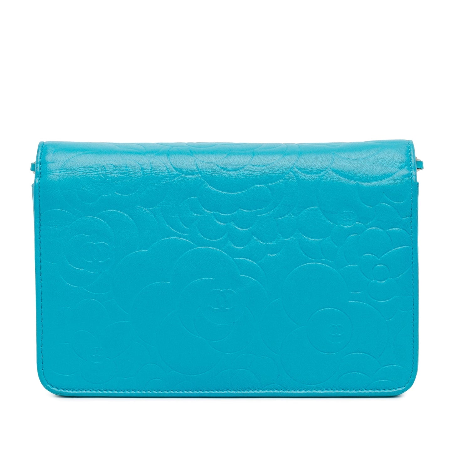 Chanel Lambskin Camellia Embossed Wallet On Chain Blue