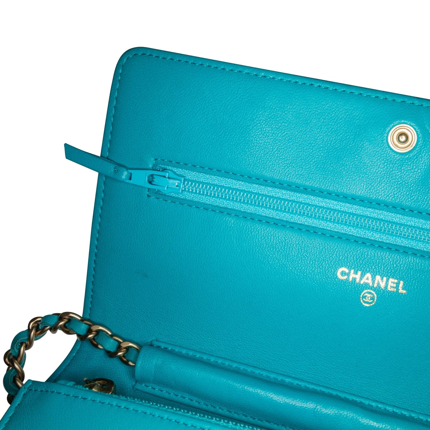 Chanel Lambskin Camellia Embossed Wallet On Chain Blue