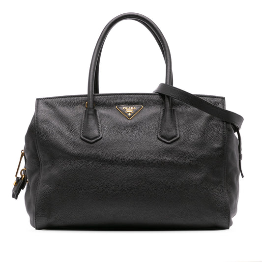 Prada Vitello Daino Zip Top Satchel Black