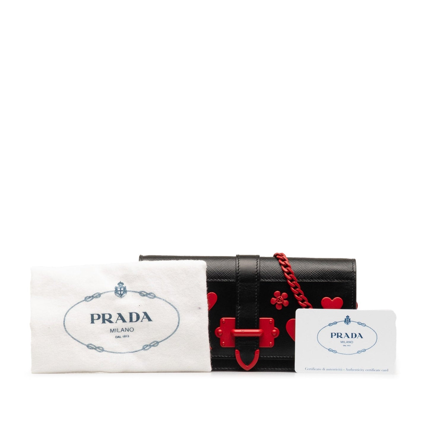 Prada Saffiano City Calf Cahier Heart and Flower Wallet on Chain Black