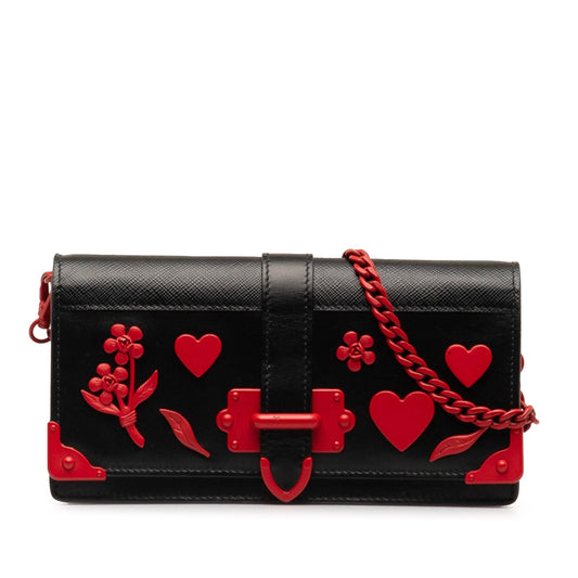 Prada Saffiano City Calf Cahier Heart and Flower Wallet on Chain Black