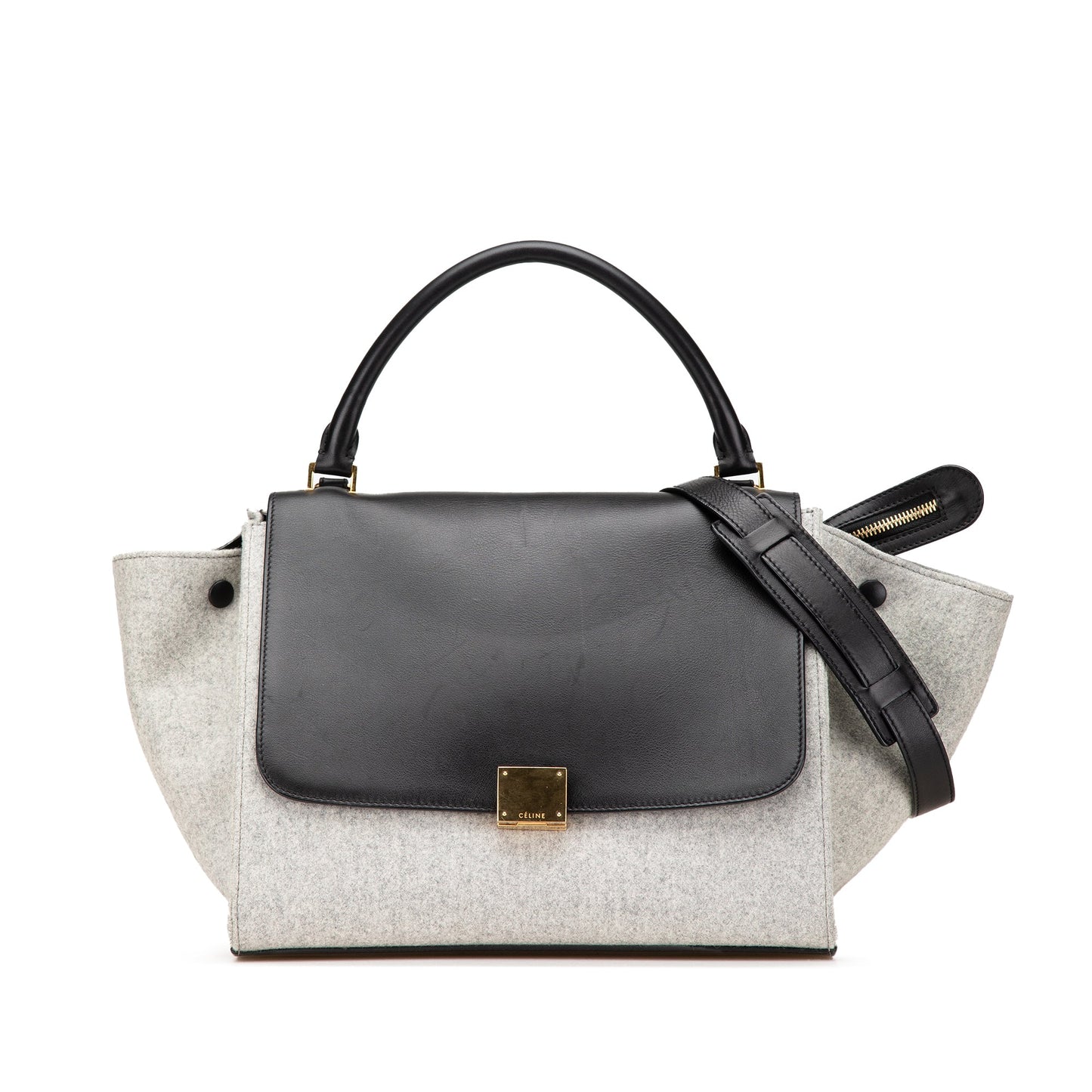 Celine Medium Wool and Calfskin Bicolor Trapeze Satchel Gray