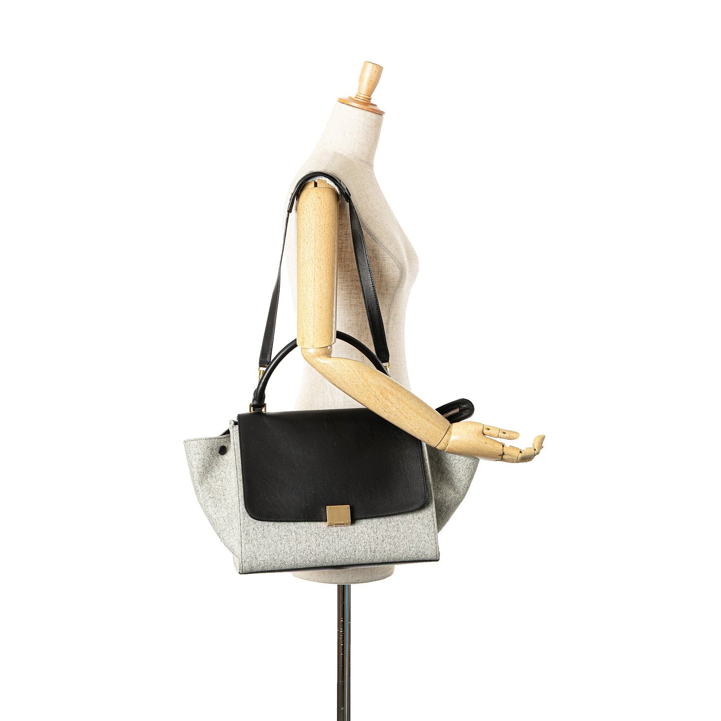 Celine Medium Wool and Calfskin Bicolor Trapeze Satchel Gray