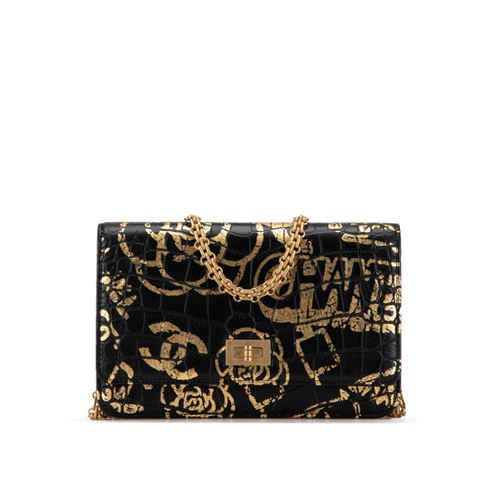 Chanel Calfskin Crocodile Embossed Graffiti 2.55 Cocodile Reissue Wallet On Chain Black