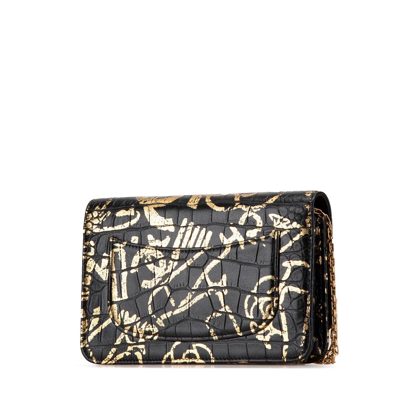 Chanel Calfskin Crocodile Embossed Graffiti 2.55 Cocodile Reissue Wallet On Chain Black