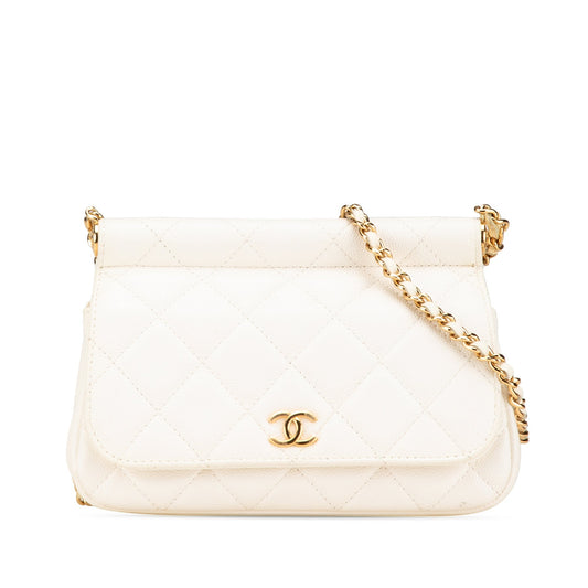 Chanel Quilted Caviar Frame Flap Clutch with Chain White