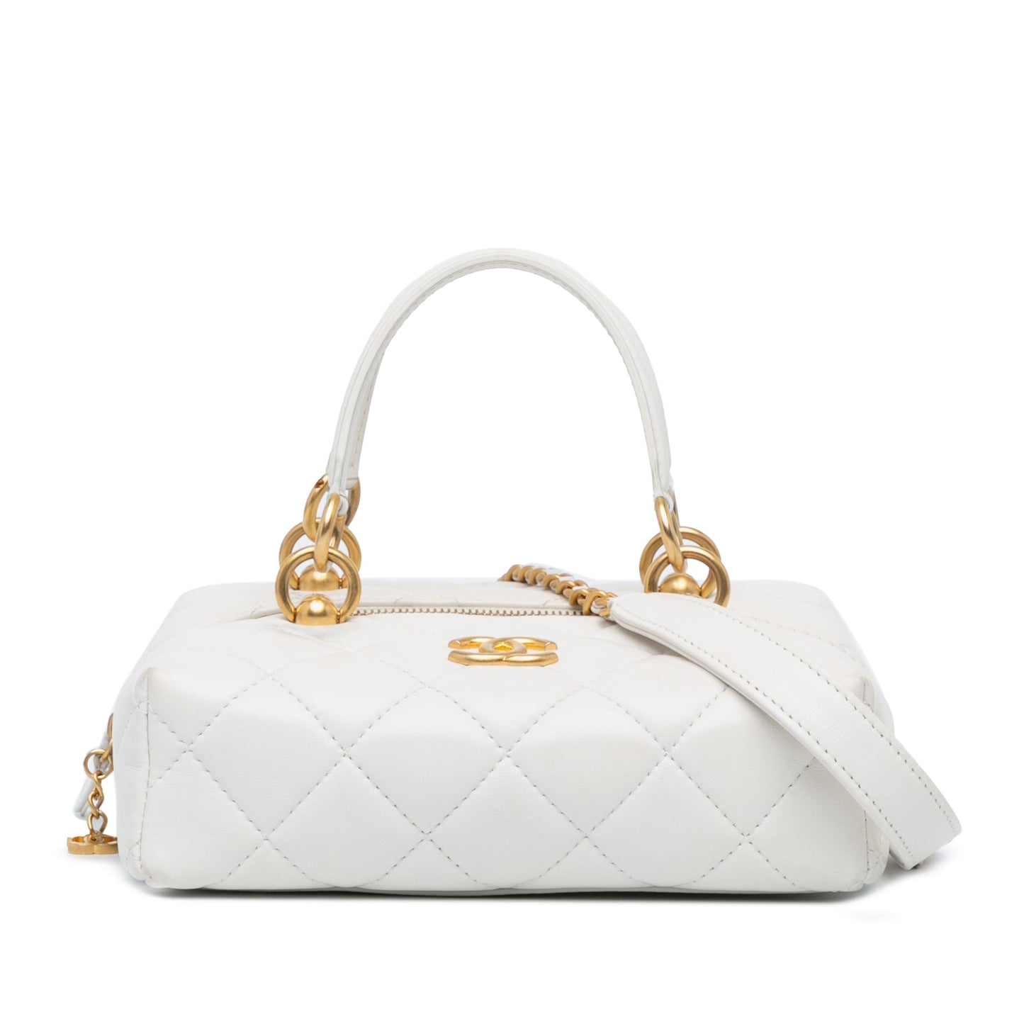 Chanel MÃ©tiers d'Art CC Quilted Lambskin Box with Top Handle Bag White