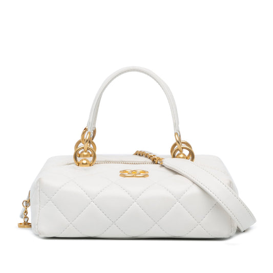 Chanel MÃ©tiers d'Art CC Quilted Lambskin Box with Top Handle Bag White