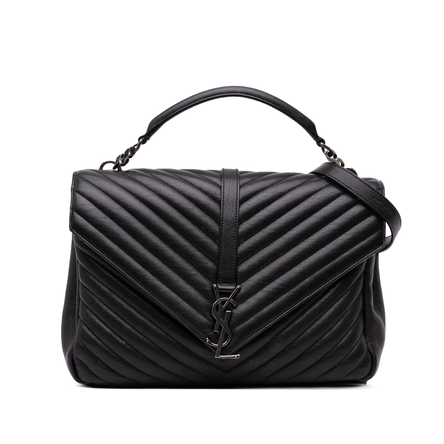 Saint Laurent Large Sheepskin Chevron Monogram Monochrome College Bag Black