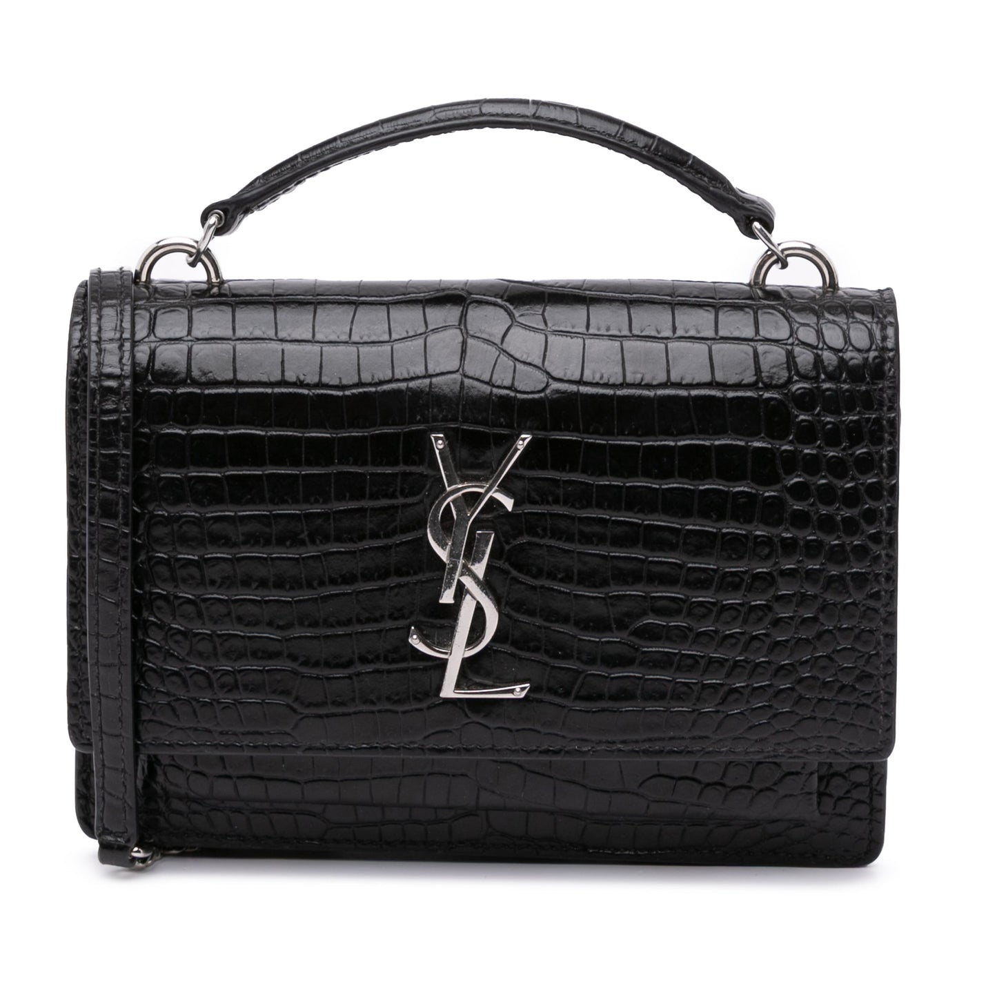 Saint Laurent Crocodile Embossed Monogram Sunset Top Handle Chain Wallet Black