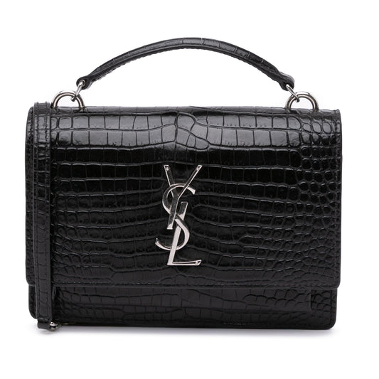 Saint Laurent Crocodile Embossed Monogram Sunset Top Handle Chain Wallet Black