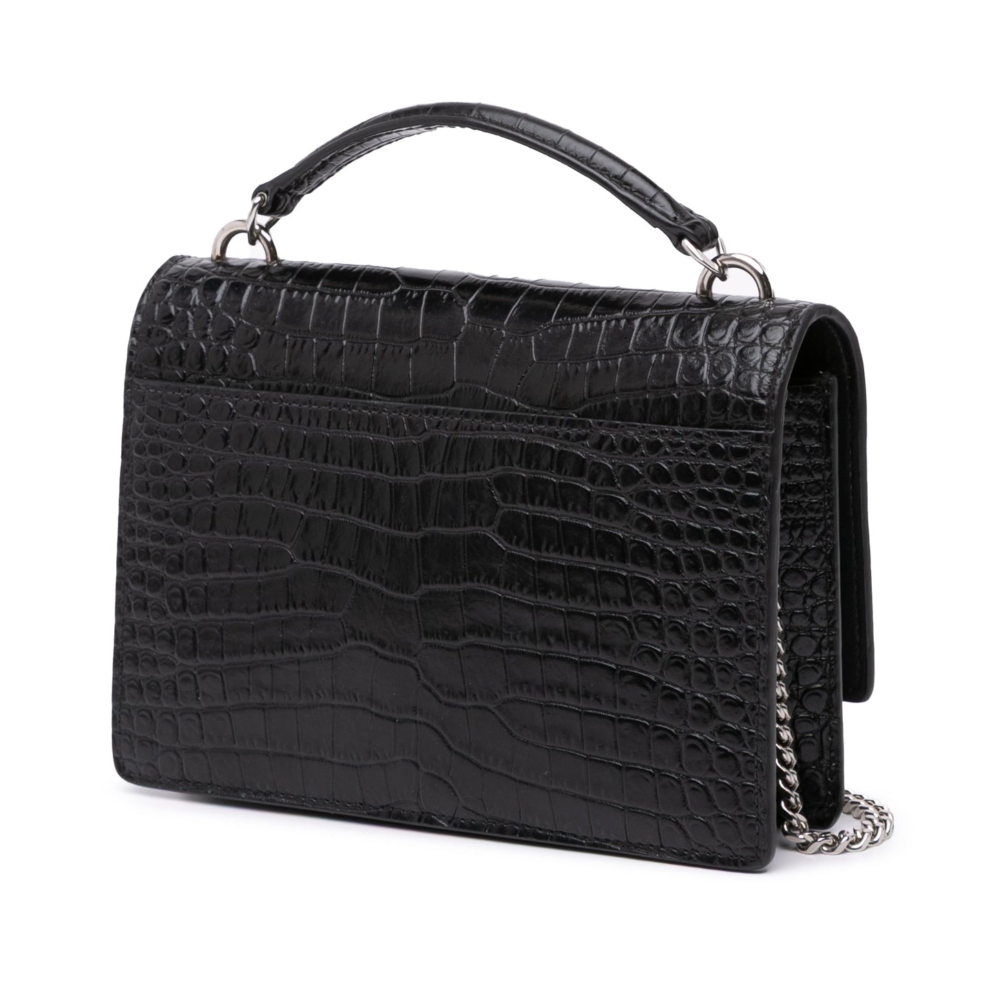 Saint Laurent Crocodile Embossed Monogram Sunset Top Handle Chain Wallet Black