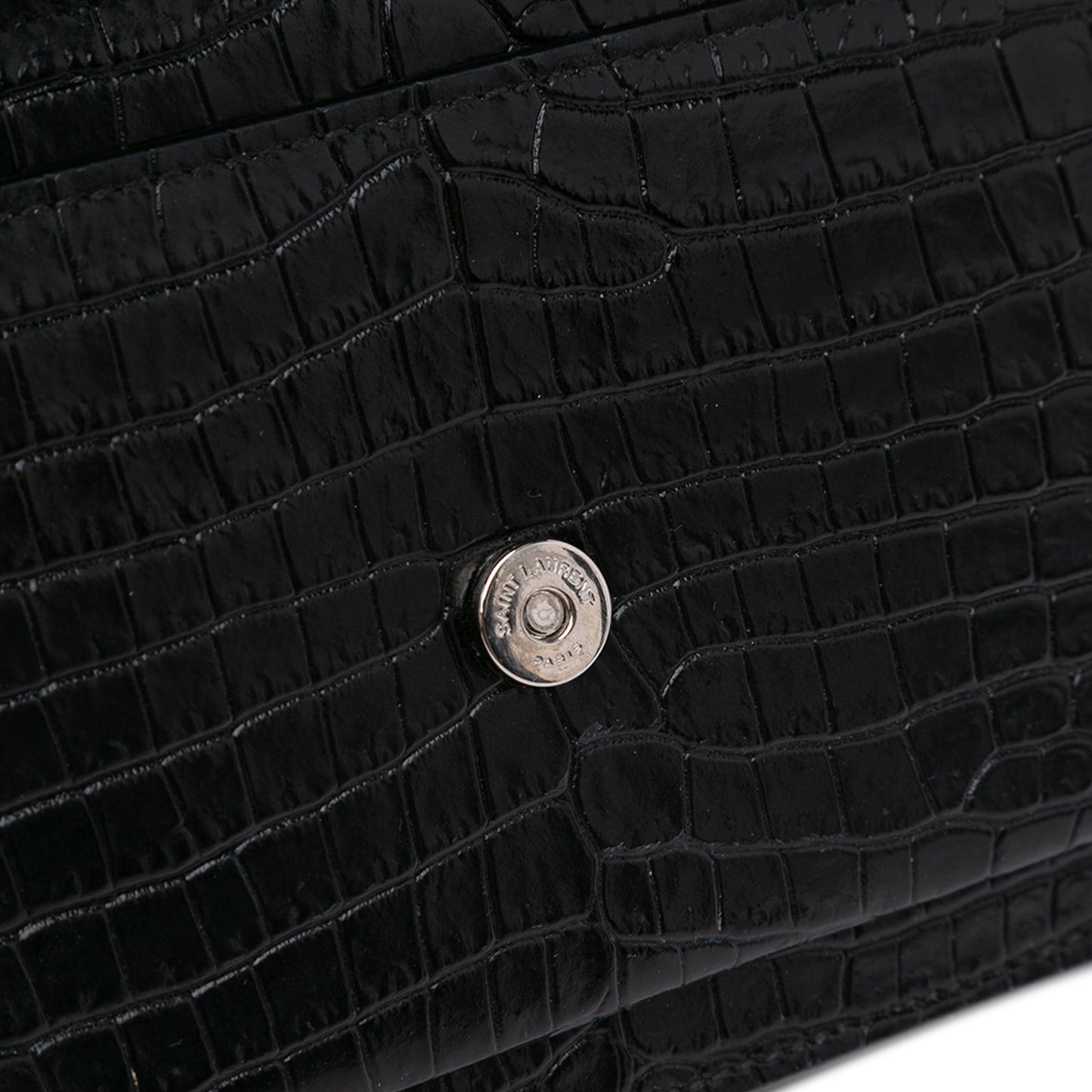 Saint Laurent Crocodile Embossed Monogram Sunset Top Handle Chain Wallet Black