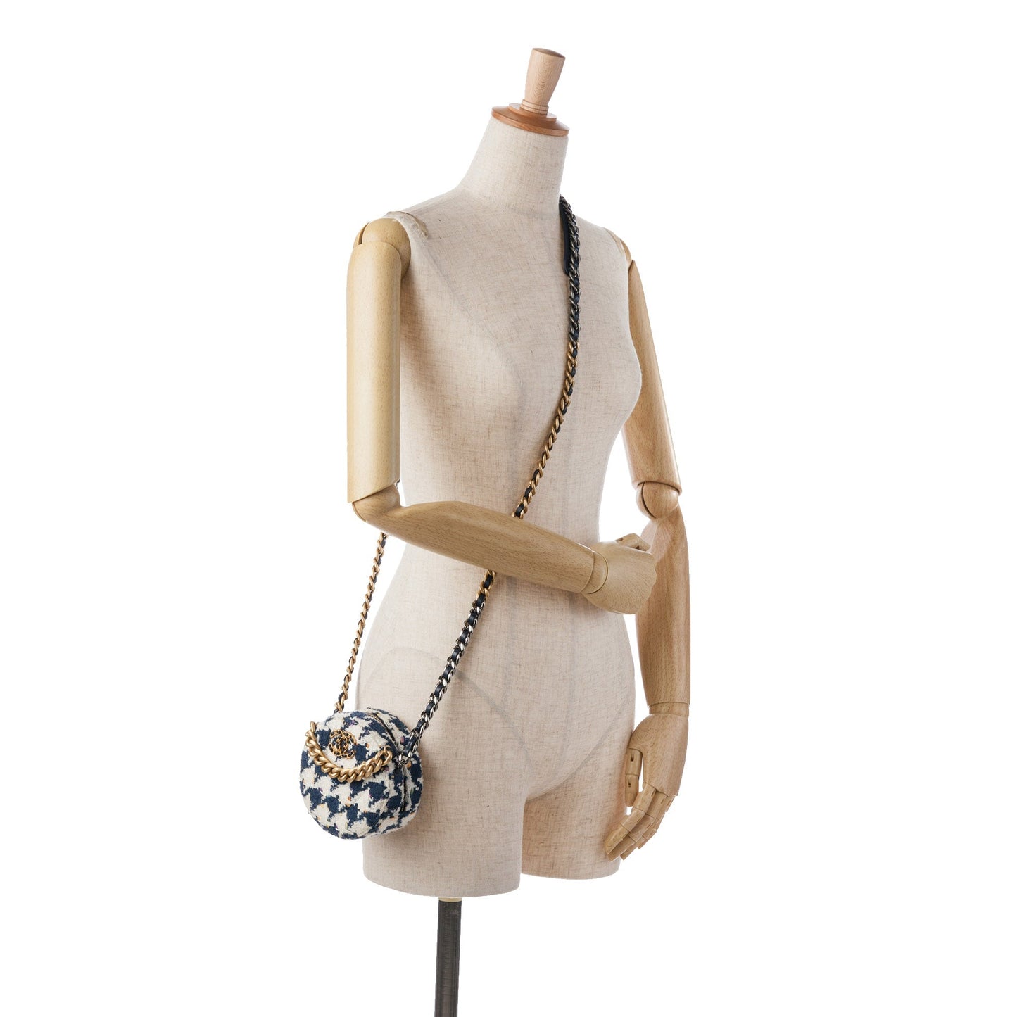 Chanel Tweed 19 Round Clutch with Chain White