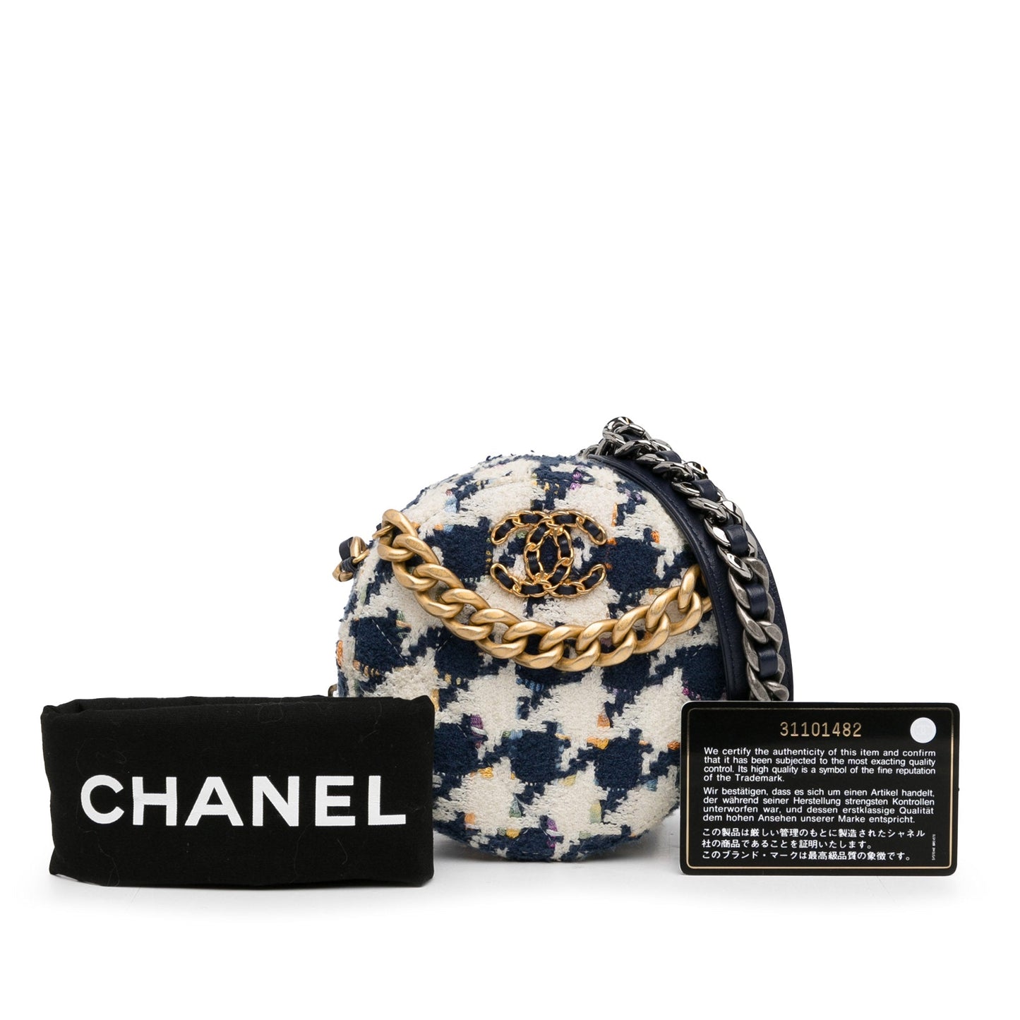 Chanel Tweed 19 Round Clutch with Chain White