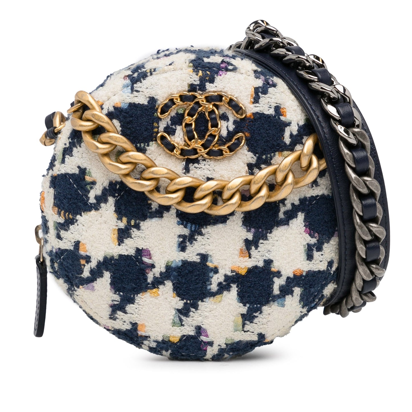 Chanel Tweed 19 Round Clutch with Chain White