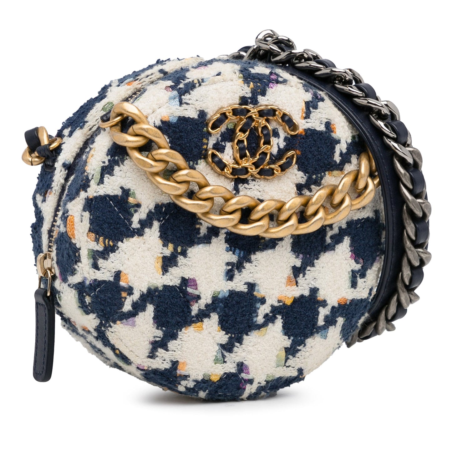 Chanel Tweed 19 Round Clutch with Chain White