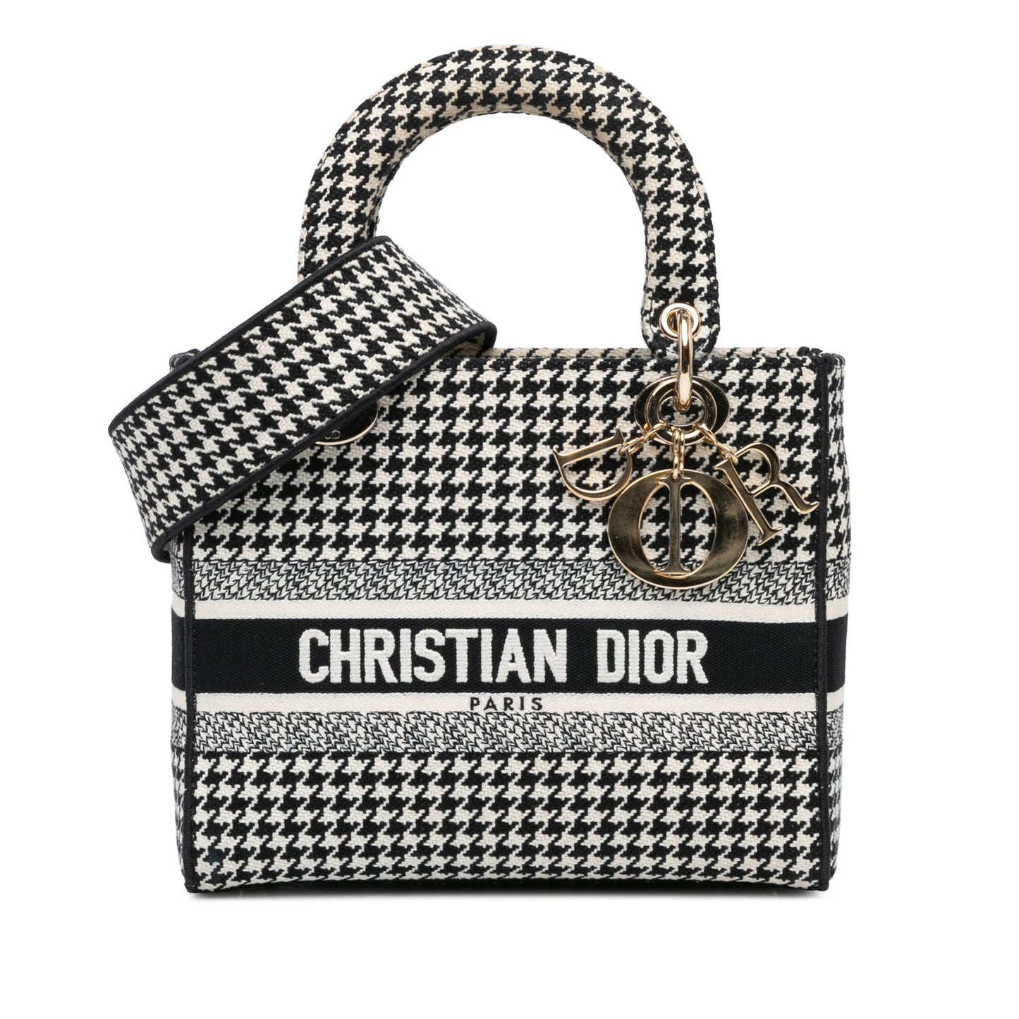 Dior Medium Canvas Houndstooth Embroidered Lady D Lite Black