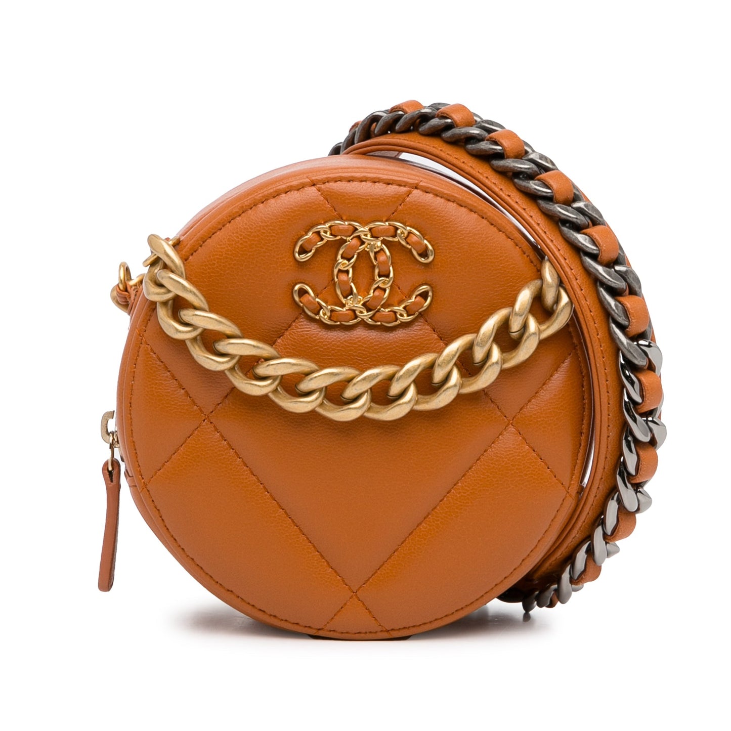Chanel Lambskin 19 Round Clutch with Chain Brown