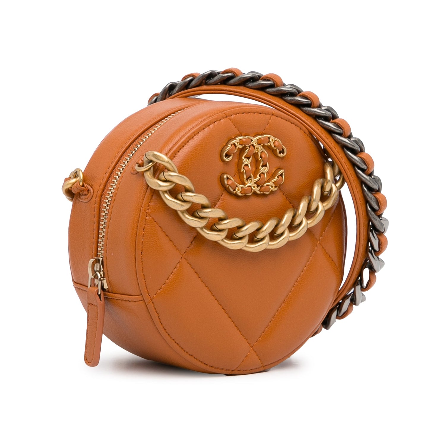 Chanel Lambskin 19 Round Clutch with Chain Brown