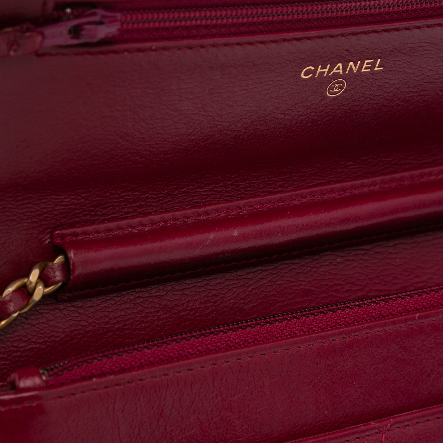 Chanel Stitched Goatskin Golden CC Wallet On Chain Red
