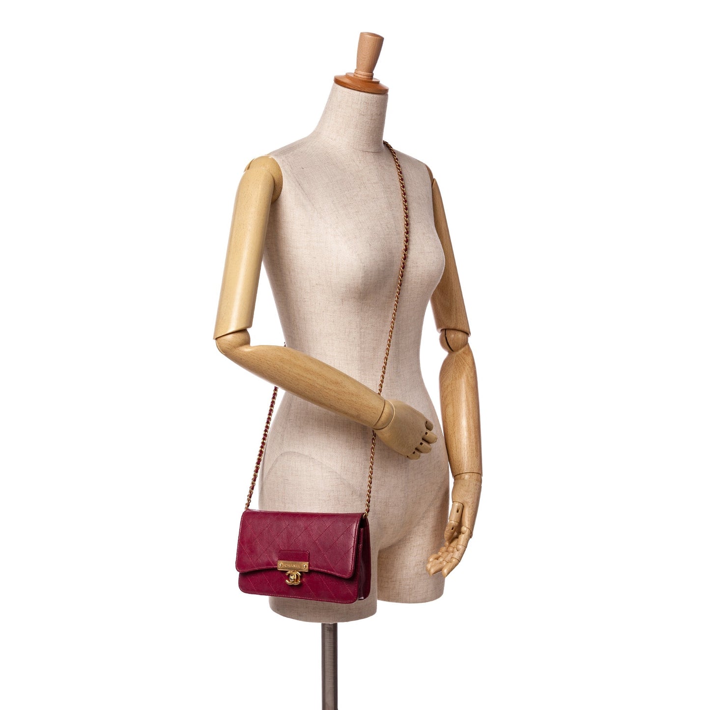 Chanel Stitched Goatskin Golden CC Wallet On Chain Red