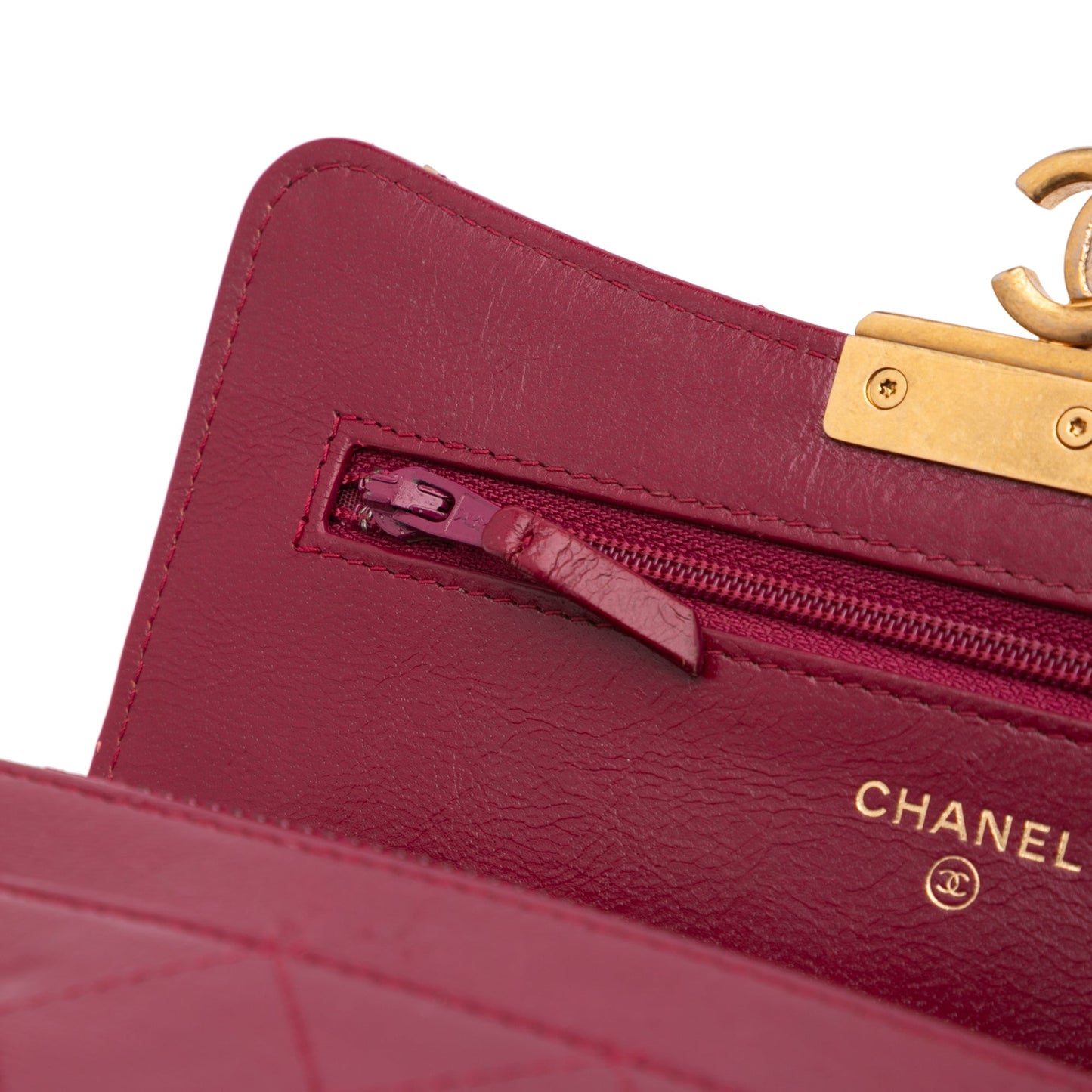 Chanel Stitched Goatskin Golden CC Wallet On Chain Red