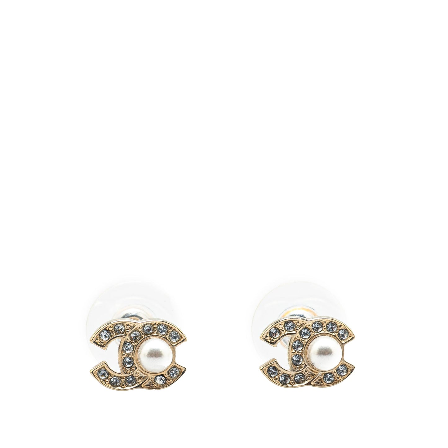 Chanel Gold Plated CC Faux Pearl Rhinestones Push Back Earrings Gold