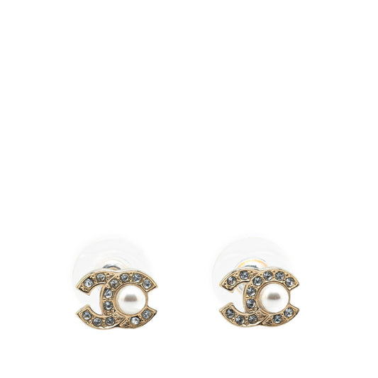 Chanel Gold Plated CC Faux Pearl Rhinestones Push Back Earrings Gold