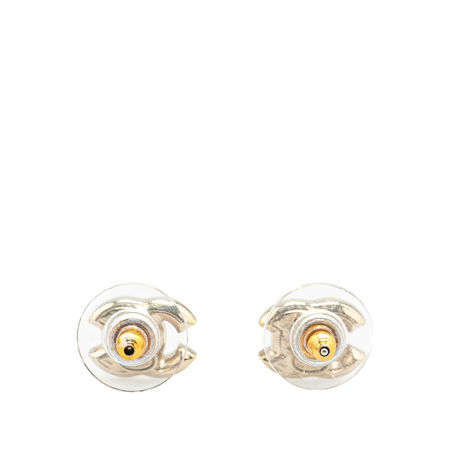 Chanel Gold Plated CC Faux Pearl Rhinestones Push Back Earrings Gold