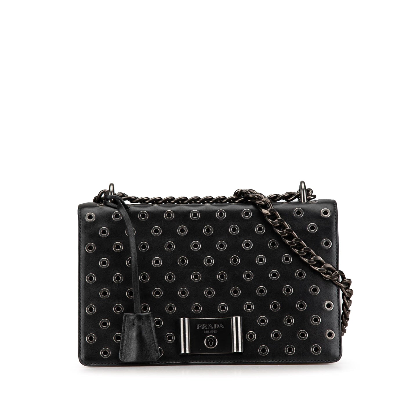 Prada Soft Calf Grommet Lock Flap Chain Shoulder Bag Black