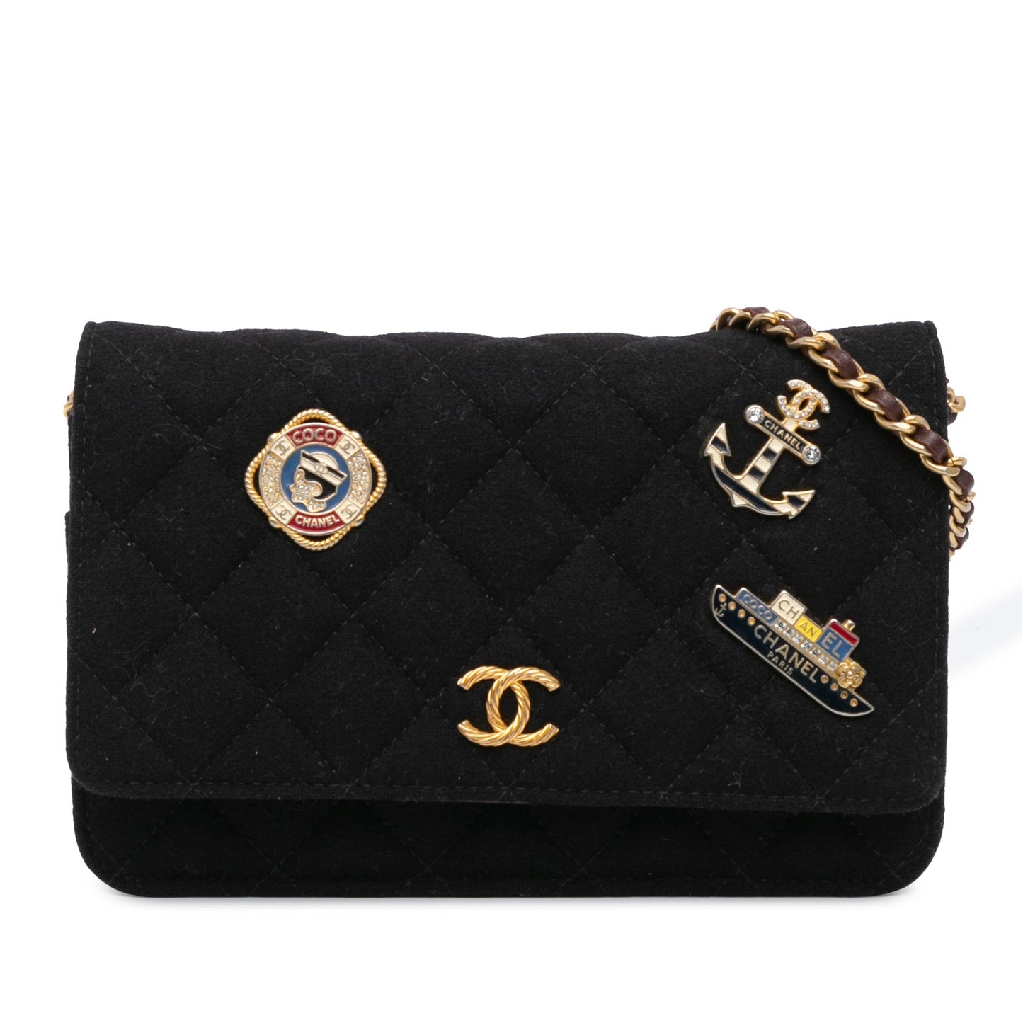 Chanel Paris Hamburg Quilted Wool Charms Wallet On Chain Black