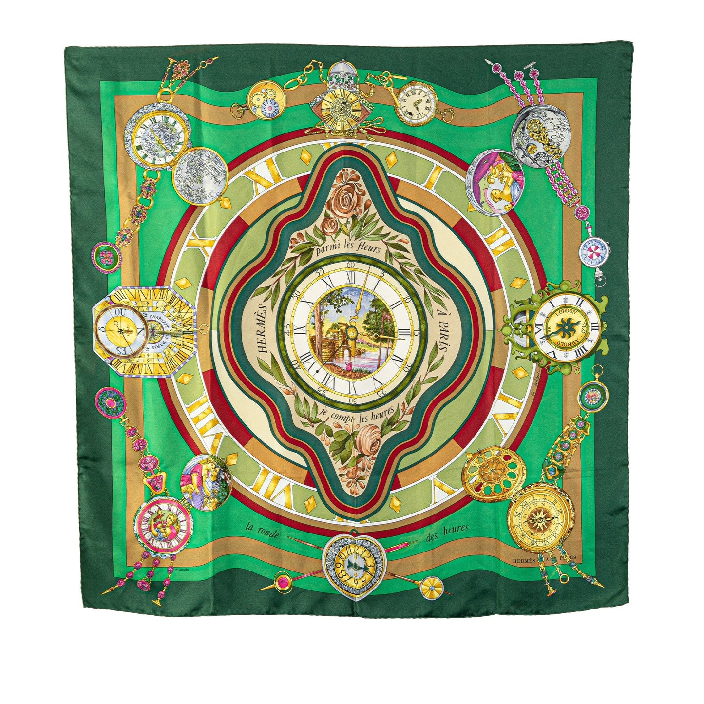 Sattars Parmi les Fleurs Je Compte les Heures Silk Scarf Green