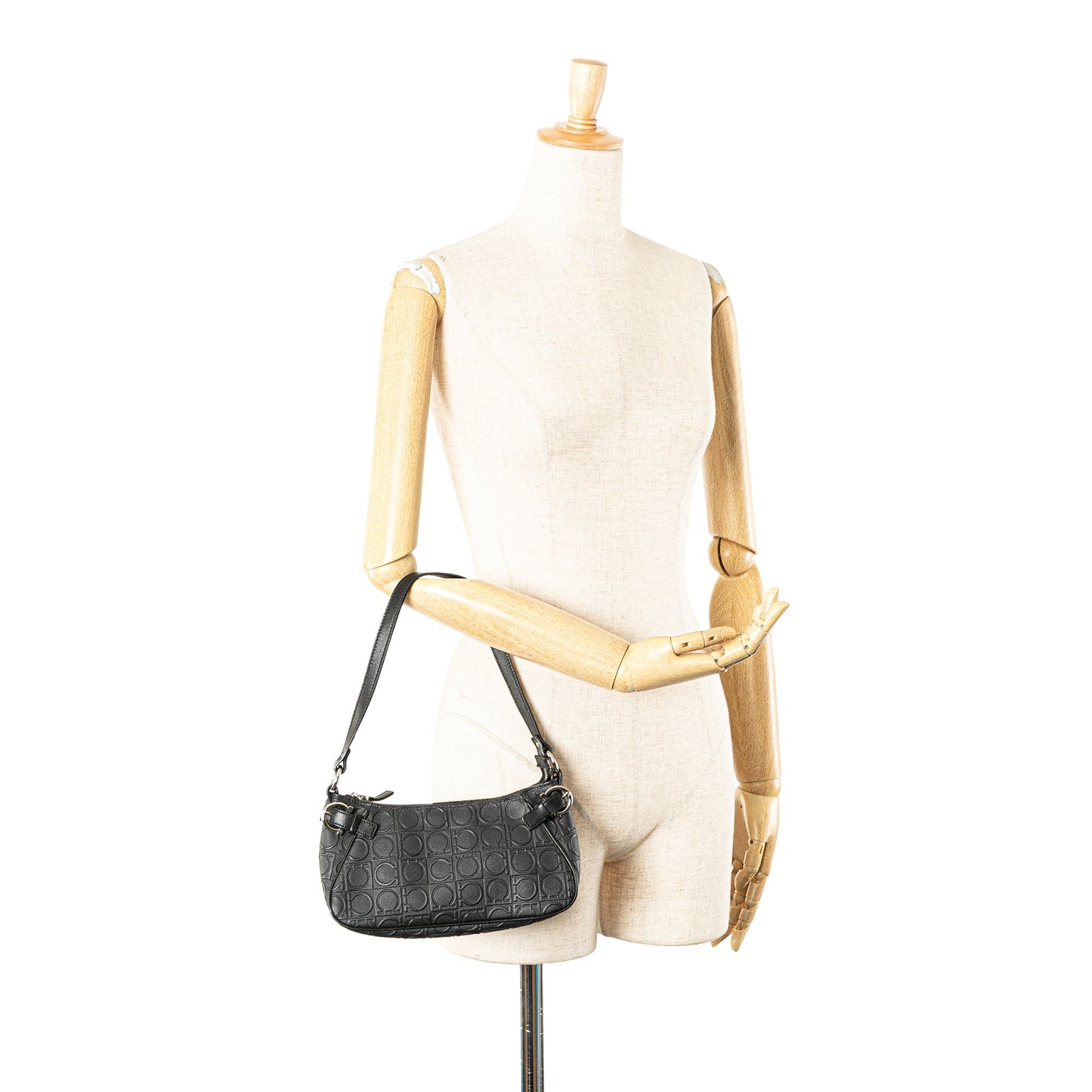 Ferragamo Gancini Embossed Leather Shoulder Bag Black