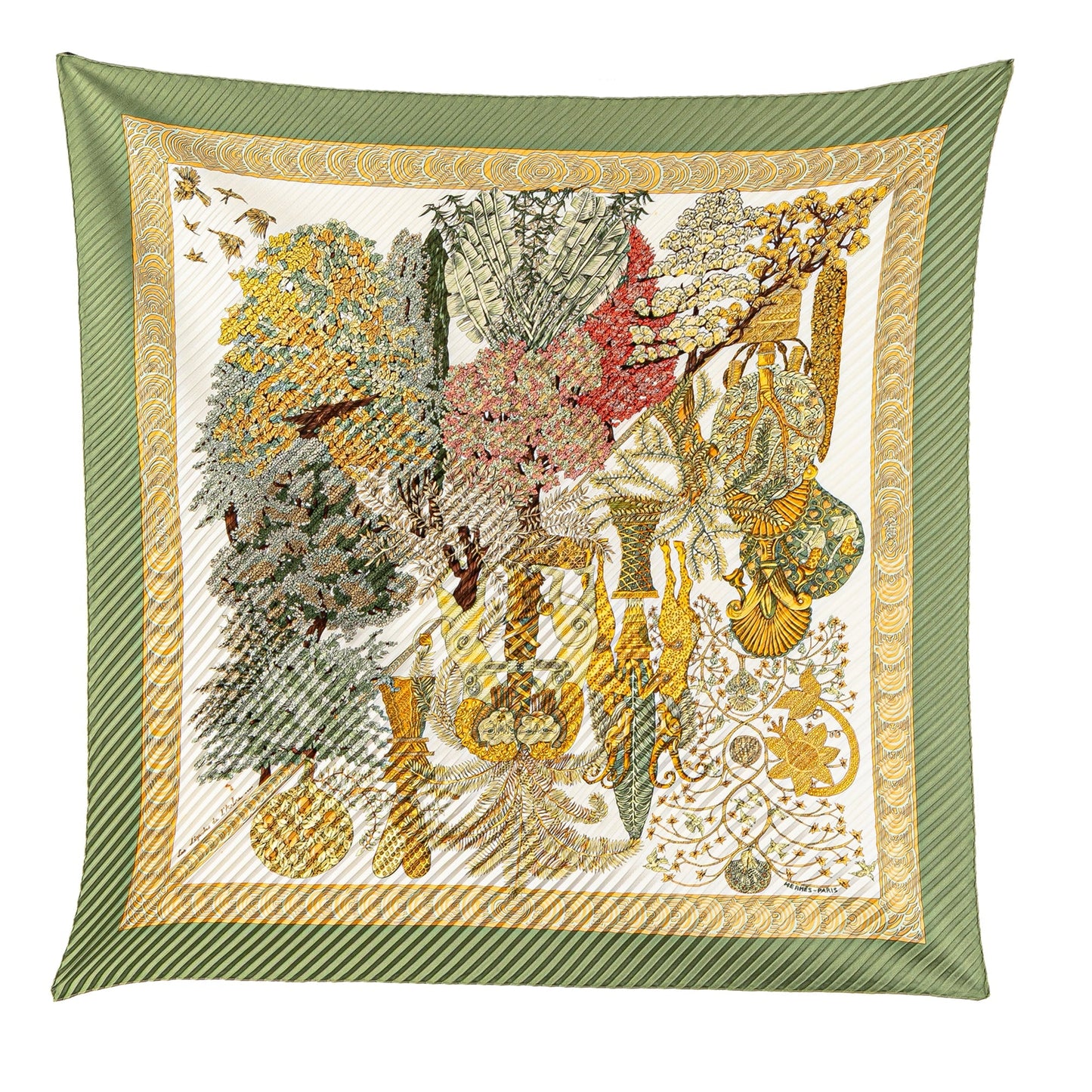 Sattars Les Legendes de L Arbre Pleated Silk Scarf Green