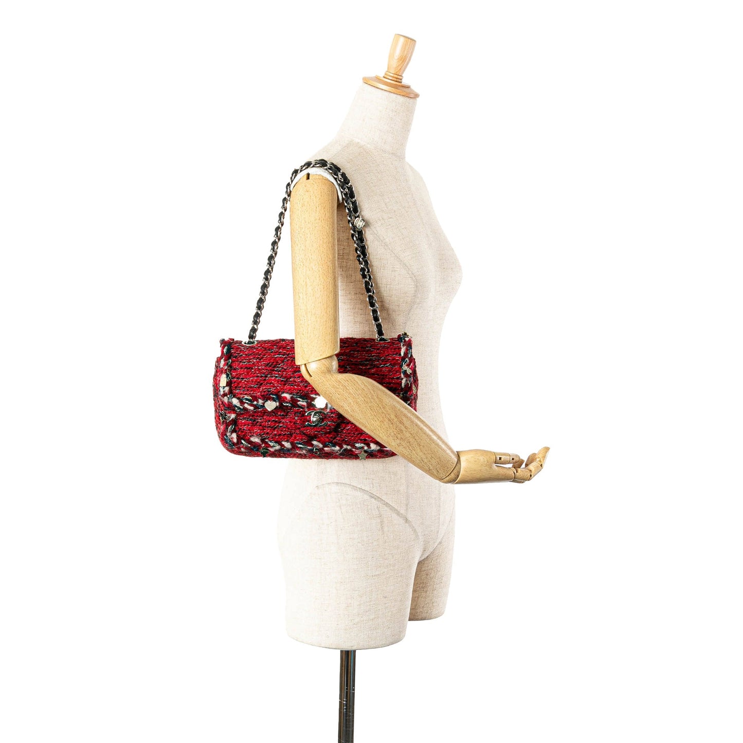 Chanel Medium Tweed Braided Charms Double Flap Red