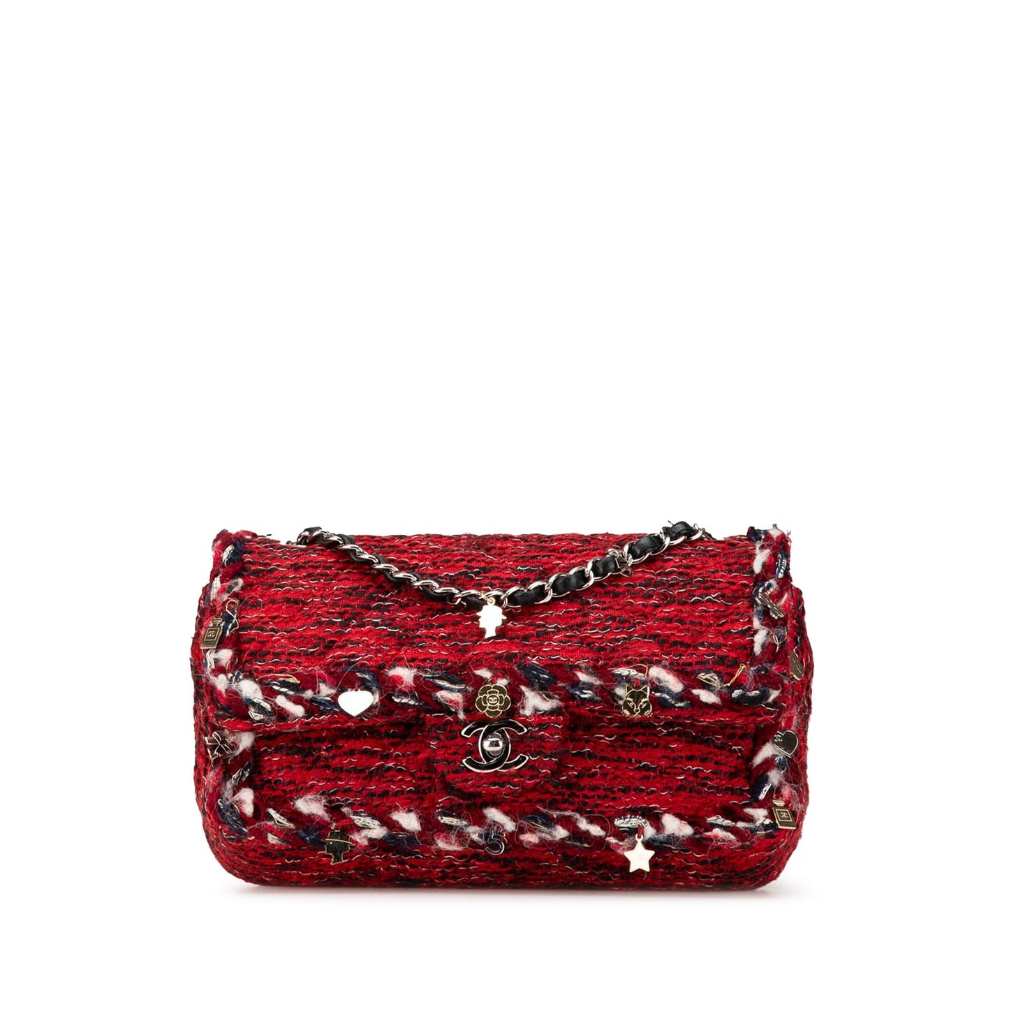 Chanel Medium Tweed Braided Charms Double Flap Red
