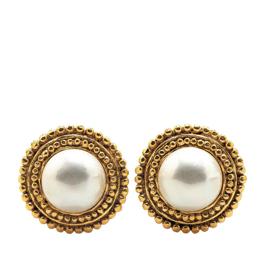 Chanel Gold Plated Faux Pearl Clip On Earrings Gold