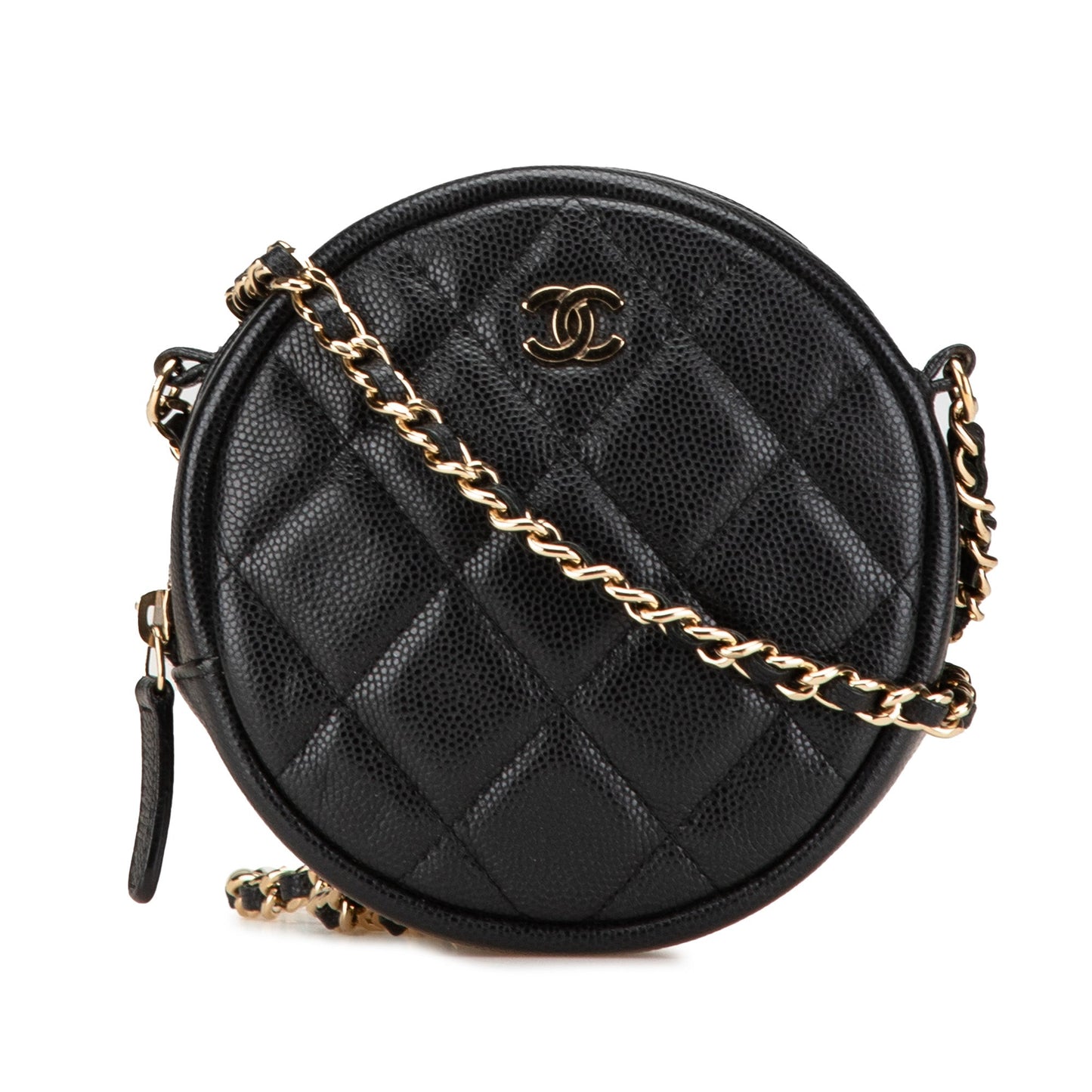 Chanel CC Quilted Caviar Round Clutch With Chain Black