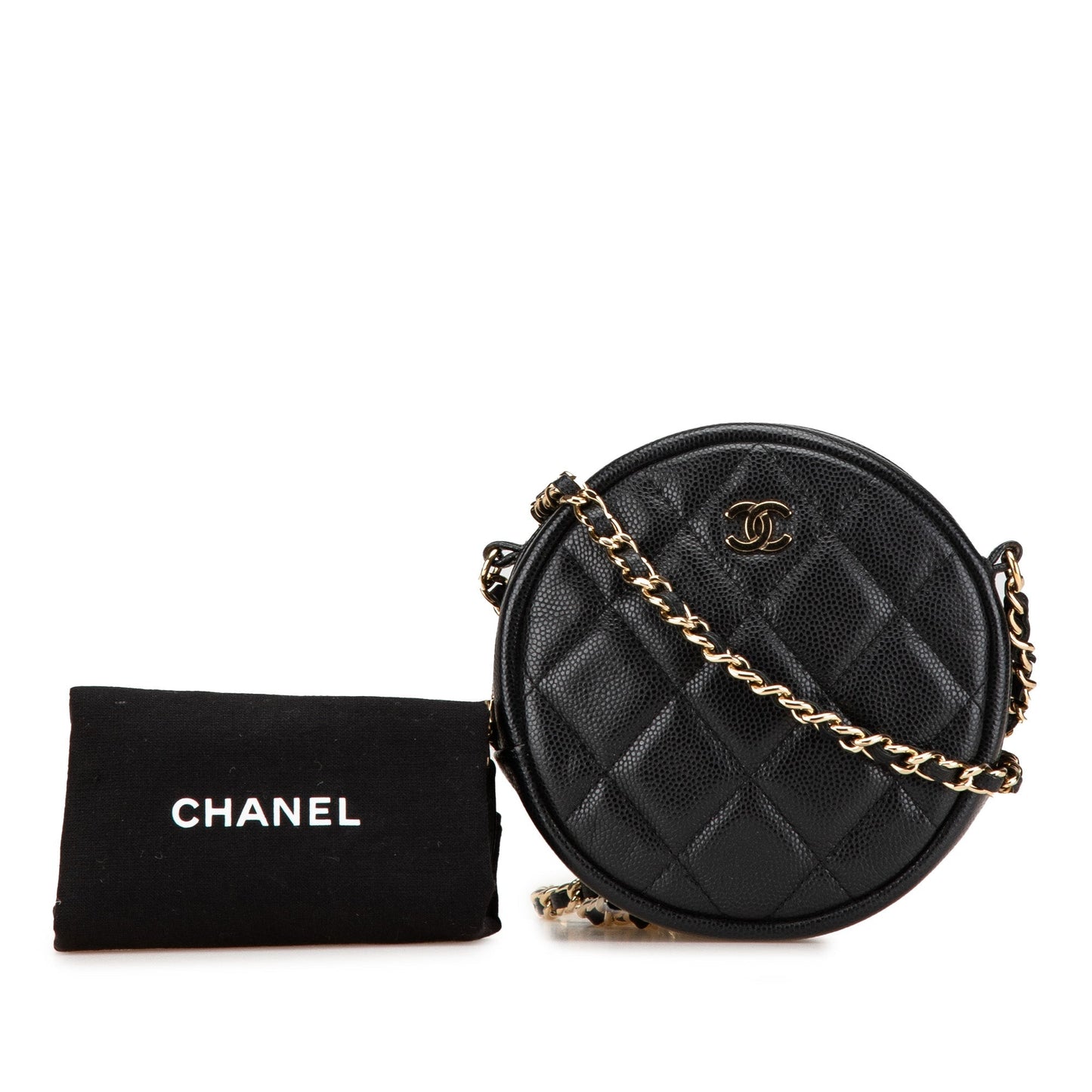 Chanel CC Quilted Caviar Round Clutch With Chain Black