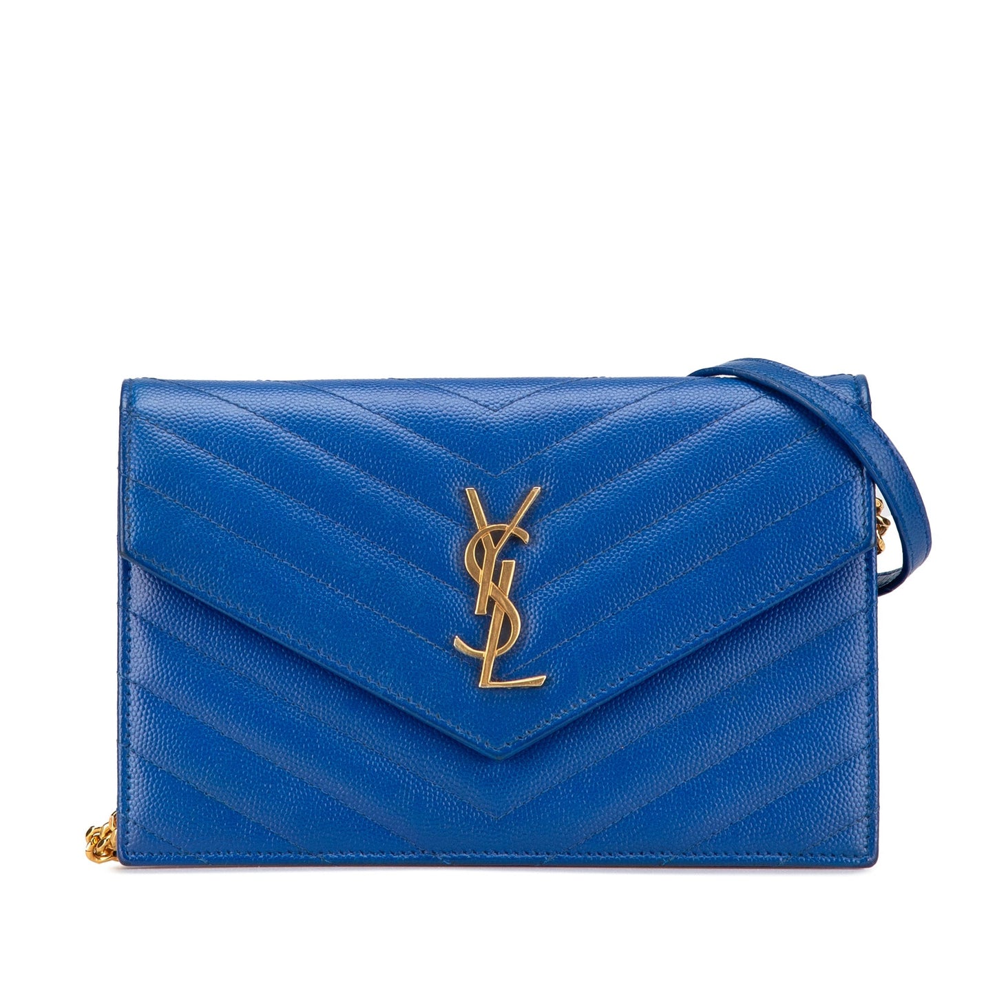 Saint Laurent Grain De Poudre Matelasse Chevron Monogram Chain Wallet Blue