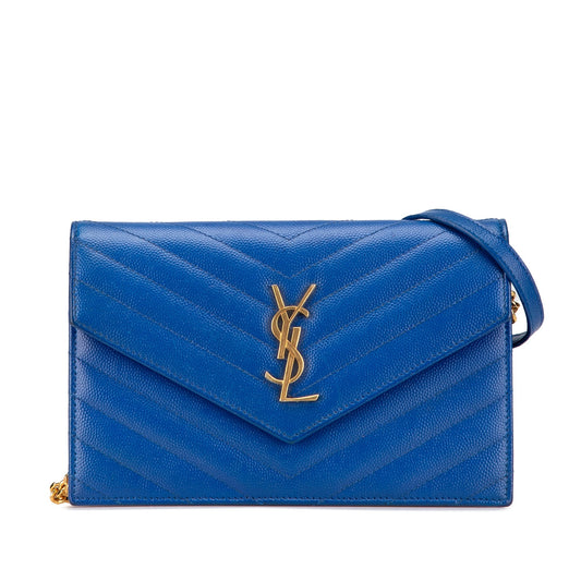 Saint Laurent Grain De Poudre Matelasse Chevron Monogram Chain Wallet Blue