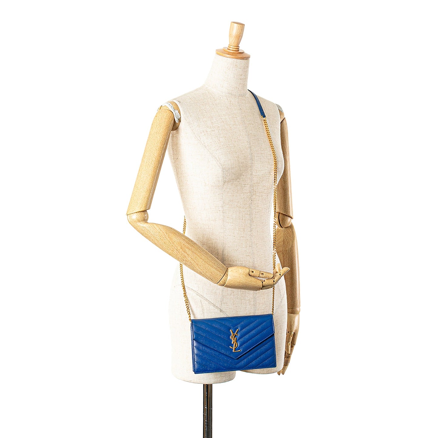Saint Laurent Grain De Poudre Matelasse Chevron Monogram Chain Wallet Blue