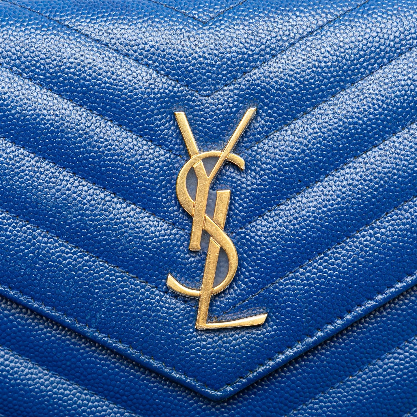 Saint Laurent Grain De Poudre Matelasse Chevron Monogram Chain Wallet Blue