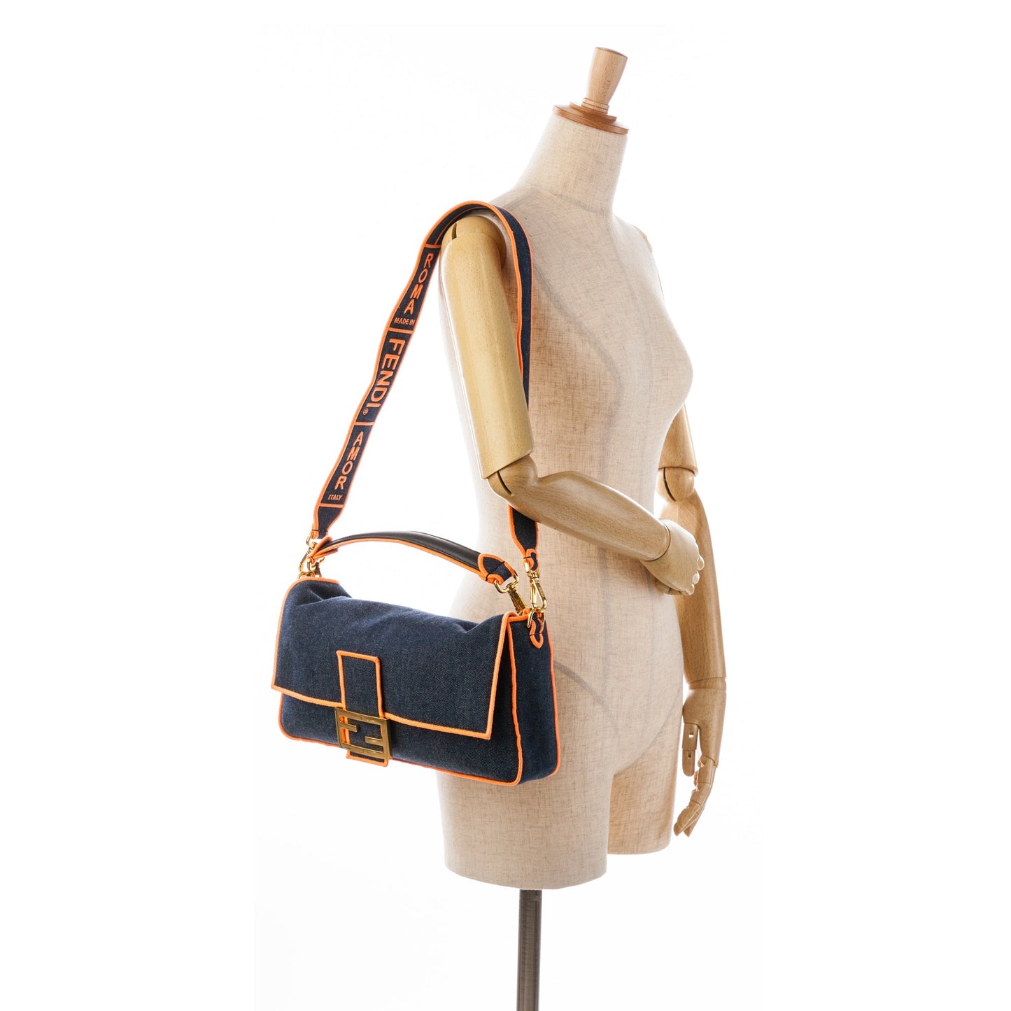 Fendi Large Denim Baguette Satchel Blue