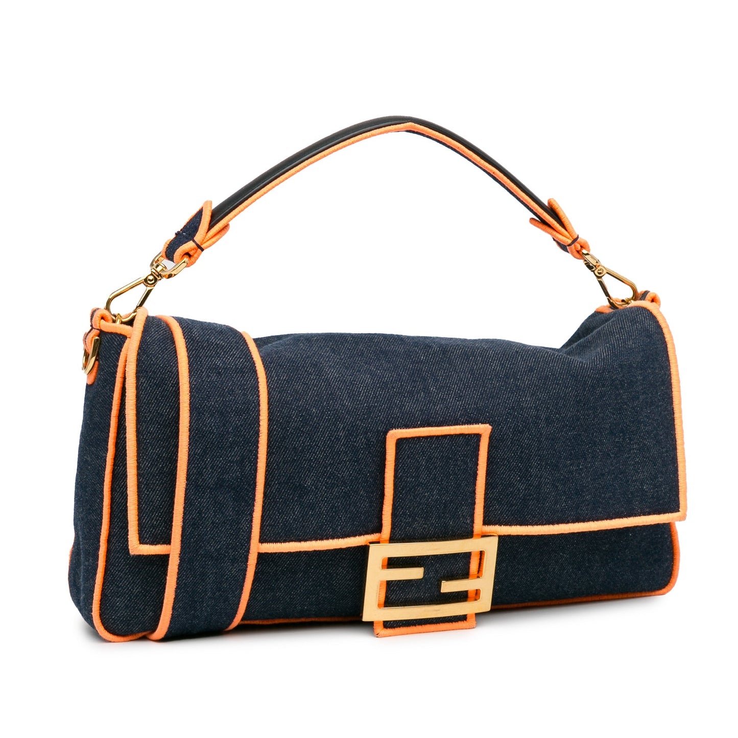 Fendi Large Denim Baguette Satchel Blue