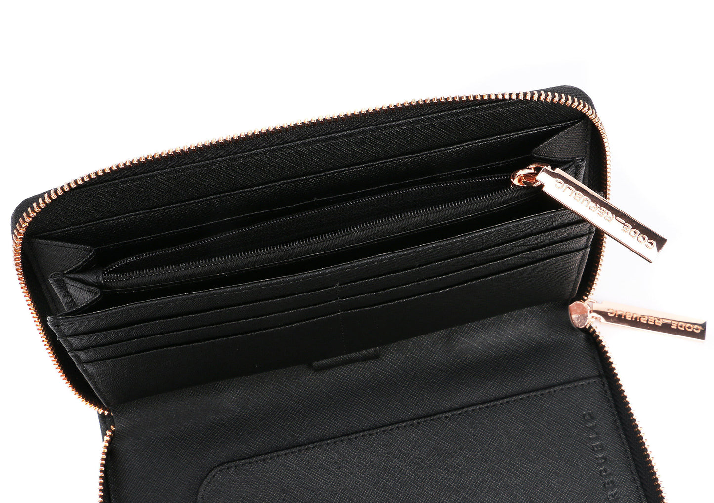 PASSPORT PHONE WALLET Black Saffiano Leather Rose Gold