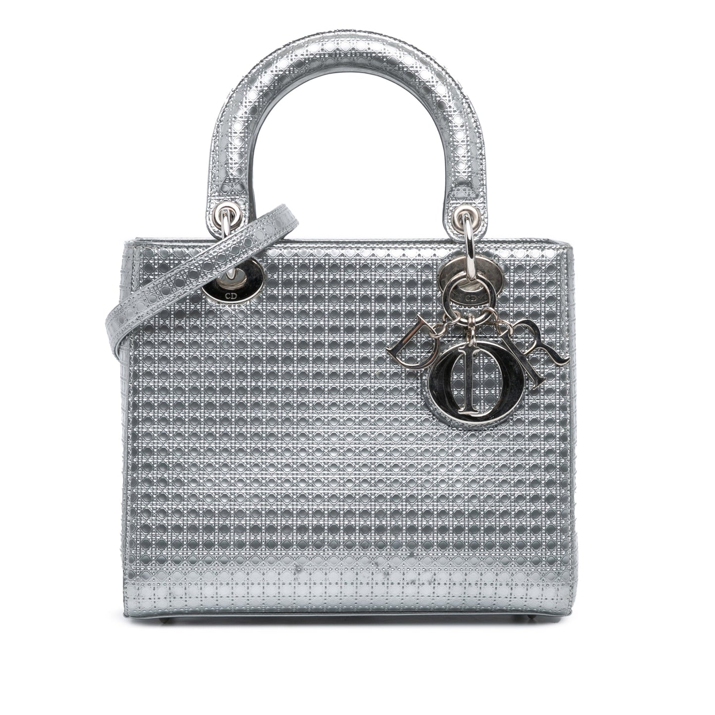 Dior Medium Metallic Patent Microcannage Lady Dior Silver